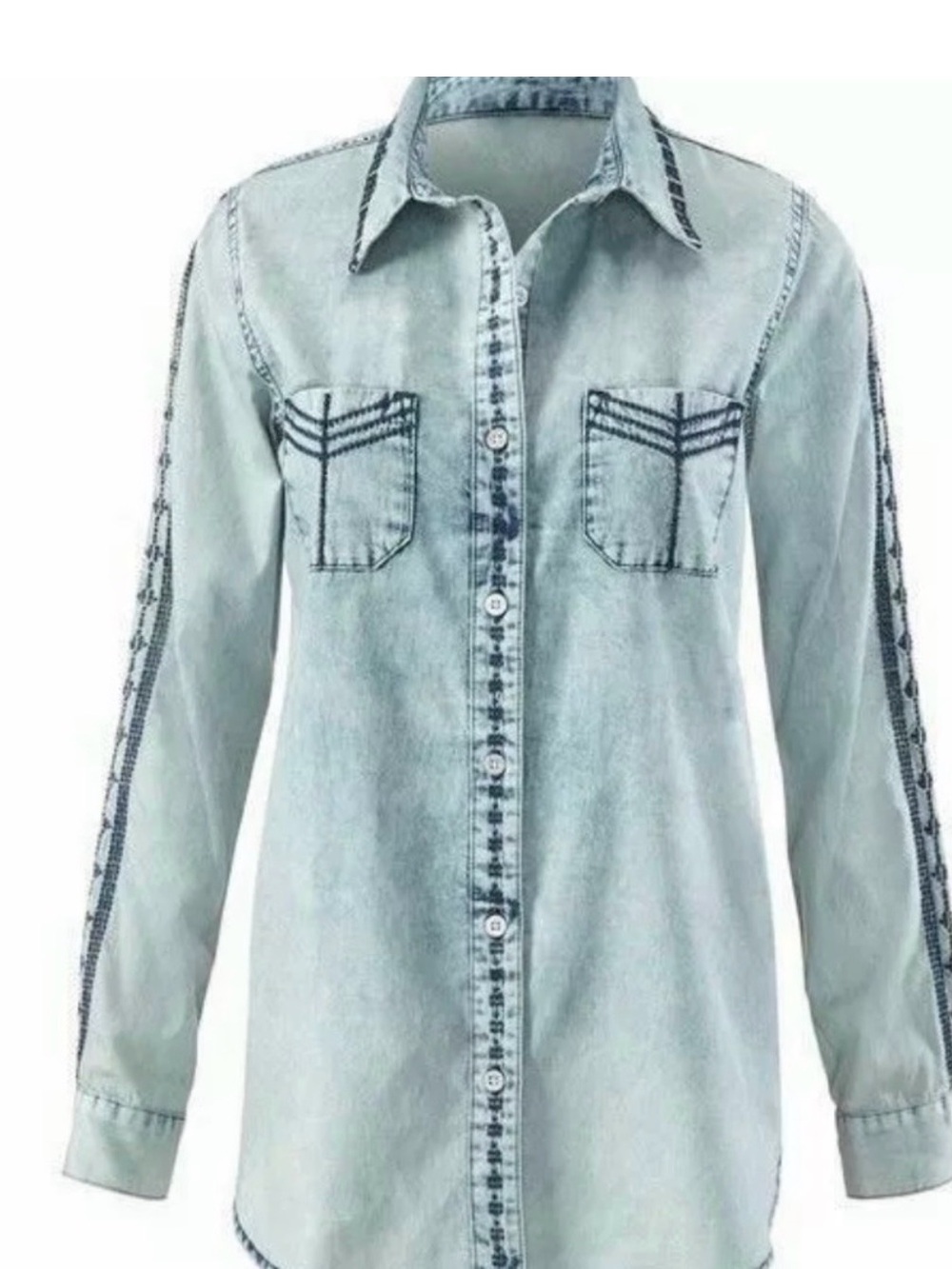 CABi Bardot chambray Denim Blue Navy Embroidered Western Look Button Front M